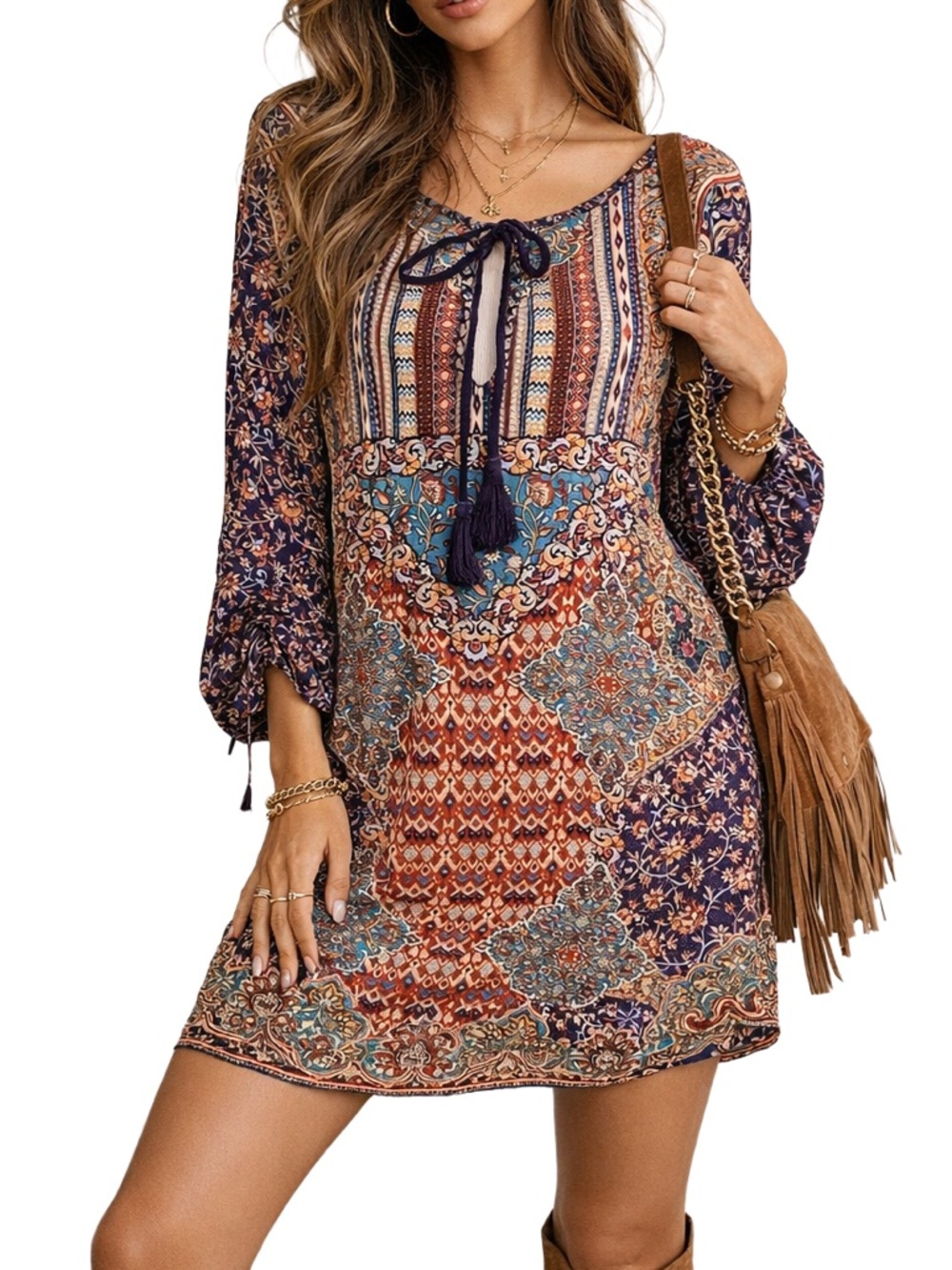 Tolani 100% Silk Paisley Boho Tassel Tie Mini Dress Tunic M